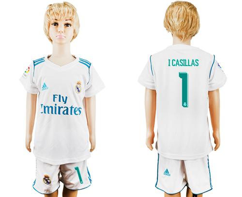 Real Madrid #1 I Casillas White Home Kid Soccer Club Jersey